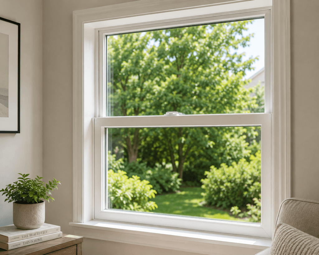 Single hung residential window with operable lower sash