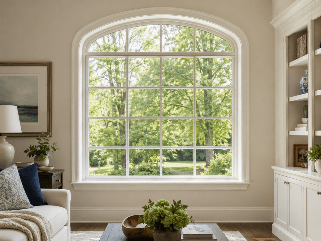 Arched specialty residential window with curved top