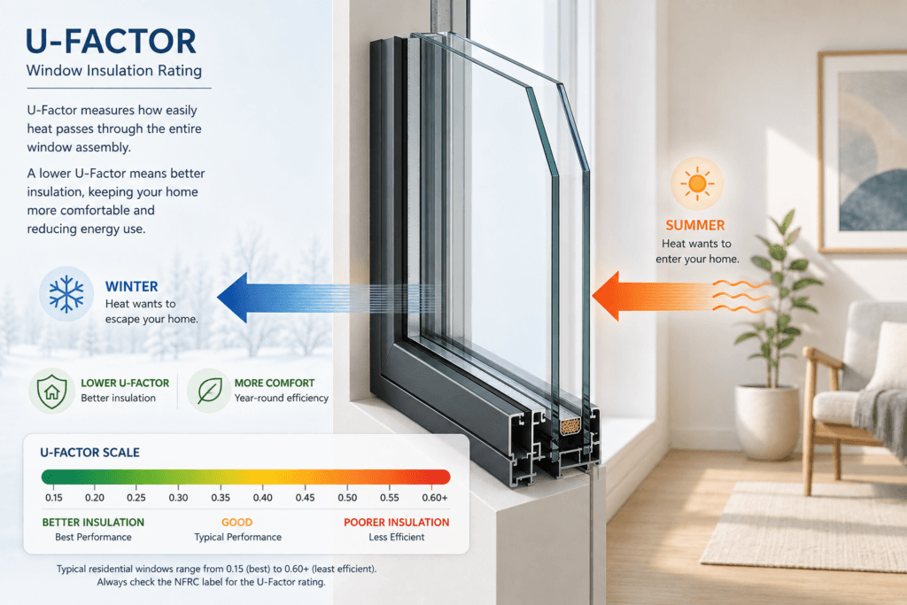 U-factor window performance diagram showing heat transfer through insulated window glass