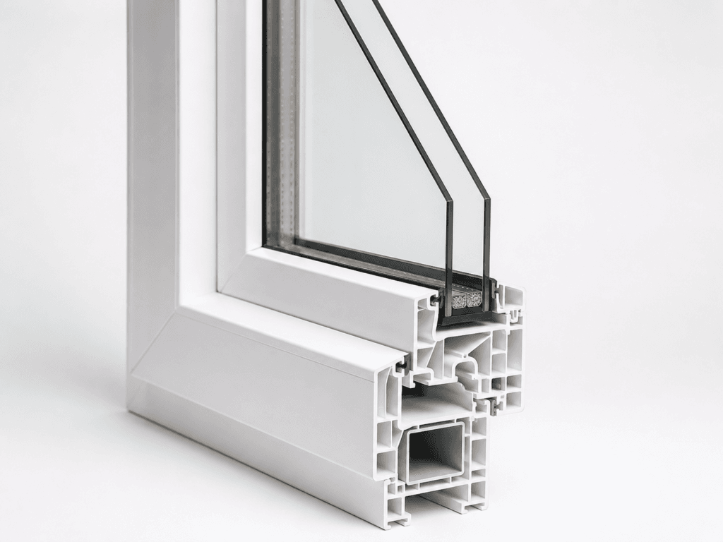 Vinyl window frame cross section showing insulated multi-chamber profile
