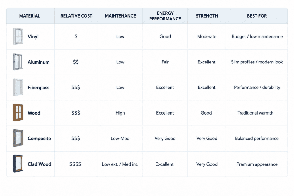 Comparison chart of window frame materials including vinyl, aluminum, fiberglass, wood, clad wood and composite