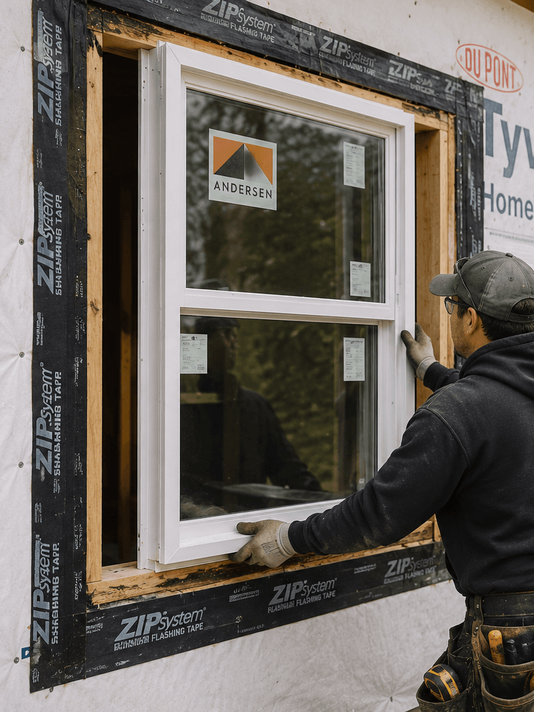 Window installer fitting a replacement window with exterior flashing and weather barrier