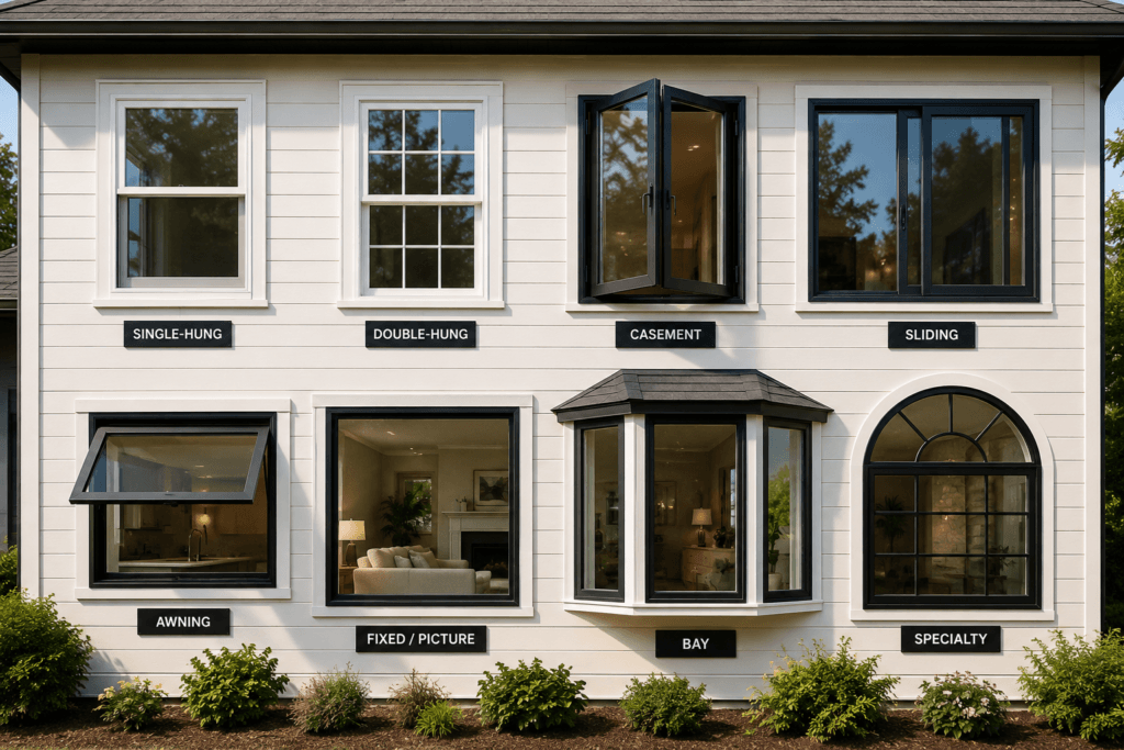 Comparison of common residential window types including single hung, double hung, casement, sliding, awning, fixed and specialty windows