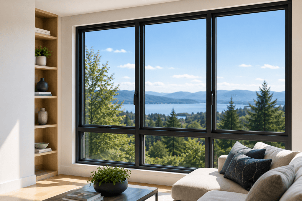 Residential window replacement planning with window samples, architectural drawings and measuring tools