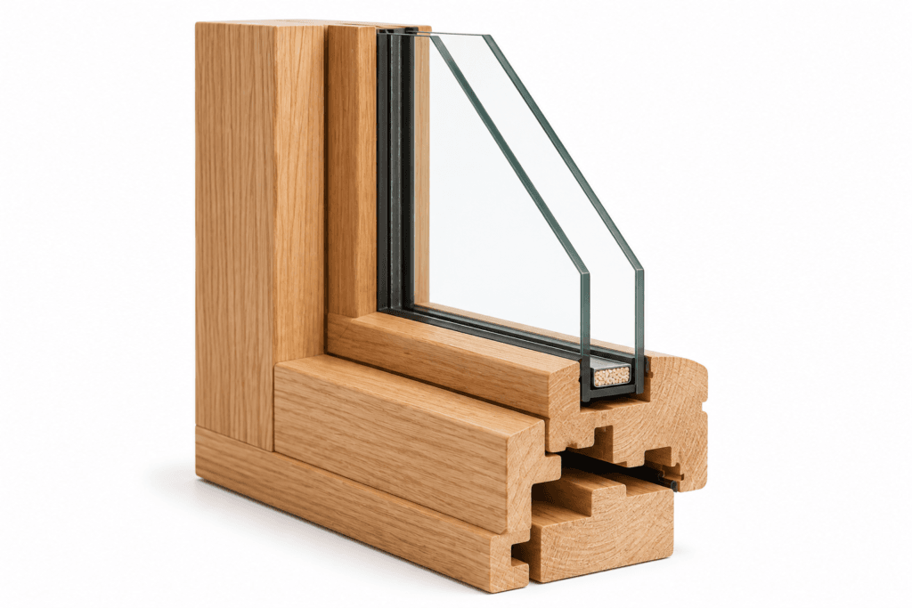 Wood window frame cross section showing solid wood construction and insulated glass