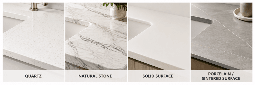 Bathroom countertop materials comparison showing quartz, natural stone, solid surface and porcelain or sintered surface in a wide side by side image.