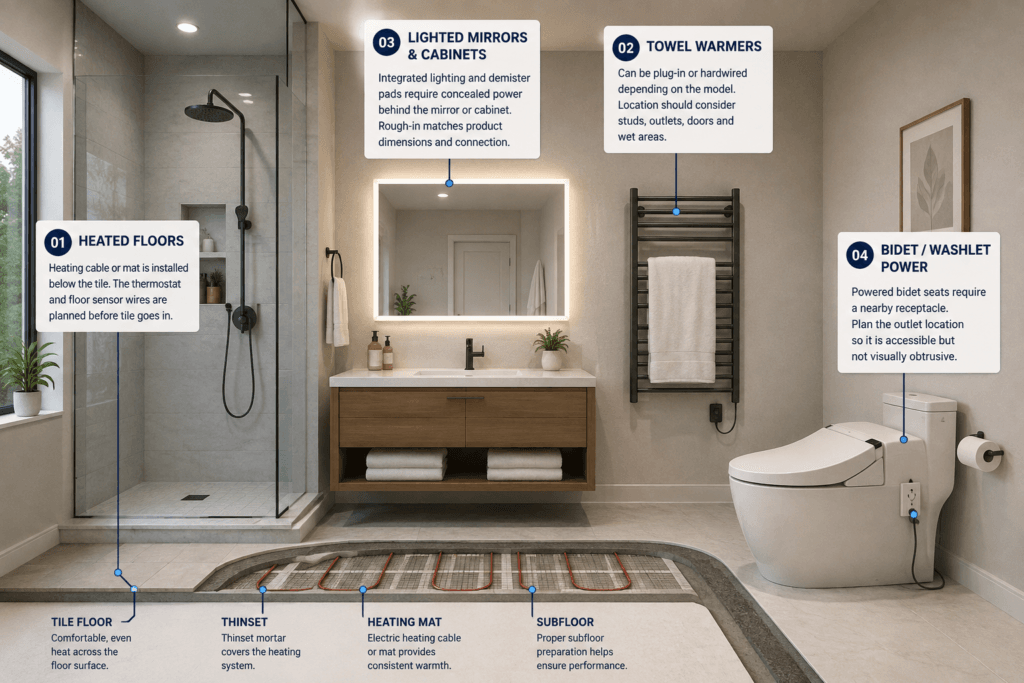 Bathroom electrical and comfort features including heated floors, lighted mirrors, towel warmers and powered bidet fixtures