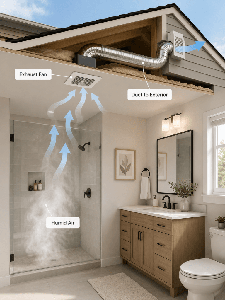 Bathroom exhaust ventilation diagram showing humid shower air pulled through a ceiling exhaust fan and ducted to the exterior