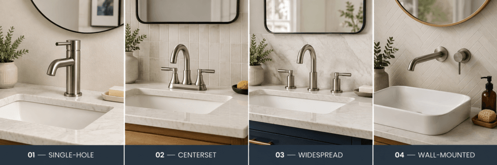 Bathroom faucet types comparison showing single-hole, centerset, widespread and wall-mounted faucet configurations