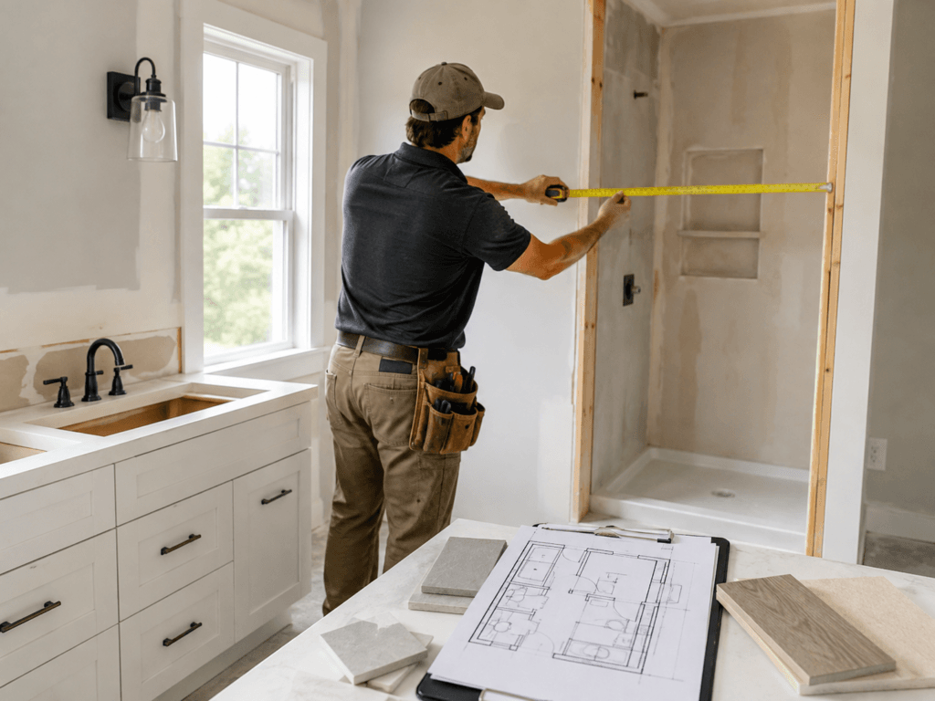 Contractor measuring an existing bathroom during renovation planning with shower, vanity and floor plans visible