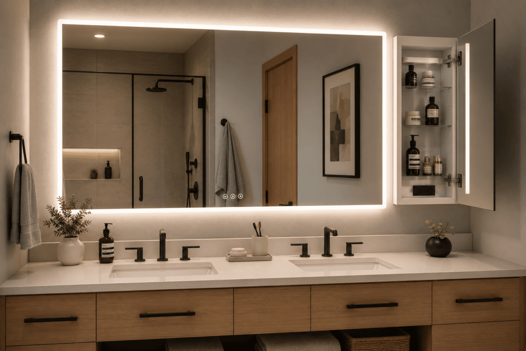 Bathroom vanity with large LED lighted mirror, recessed medicine cabinet, double sinks and integrated storage
