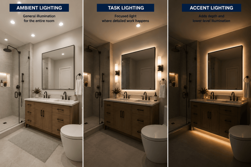Bathroom lighting comparison showing ambient ceiling lighting, task lighting at the vanity and accent lighting with backlit mirror and under-vanity illumination