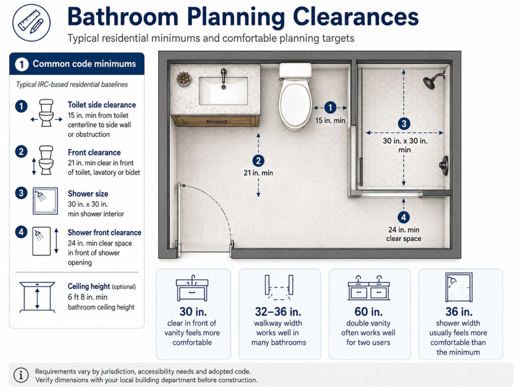 Bathroom planning clearances guide showing toilet, shower and fixture spacing with common residential minimums and comfortable planning targets