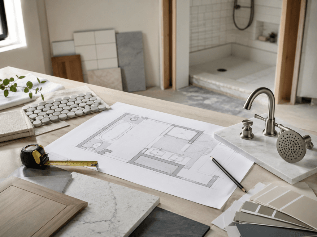 Bathroom planning and layout with floor plans, material samples and fixture selections