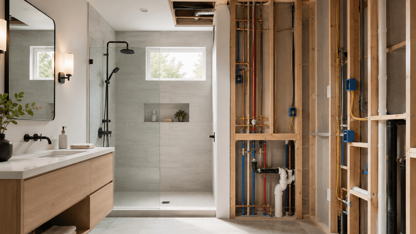Bathroom plumbing electrical and ventilation rough-in showing water lines, drain piping, electrical boxes, exhaust fan ductwork and finished bathroom fixtures