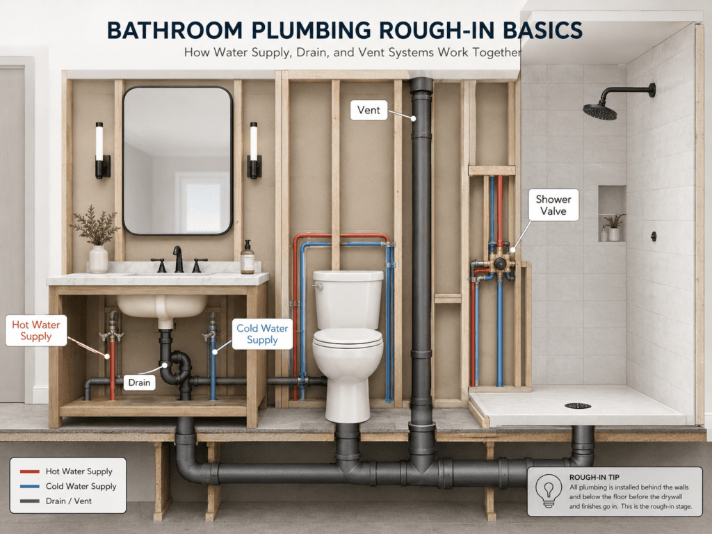 Bathroom plumbing rough-in diagram showing hot and cold water supply lines, drains, vent piping, vanity, toilet and shower connections