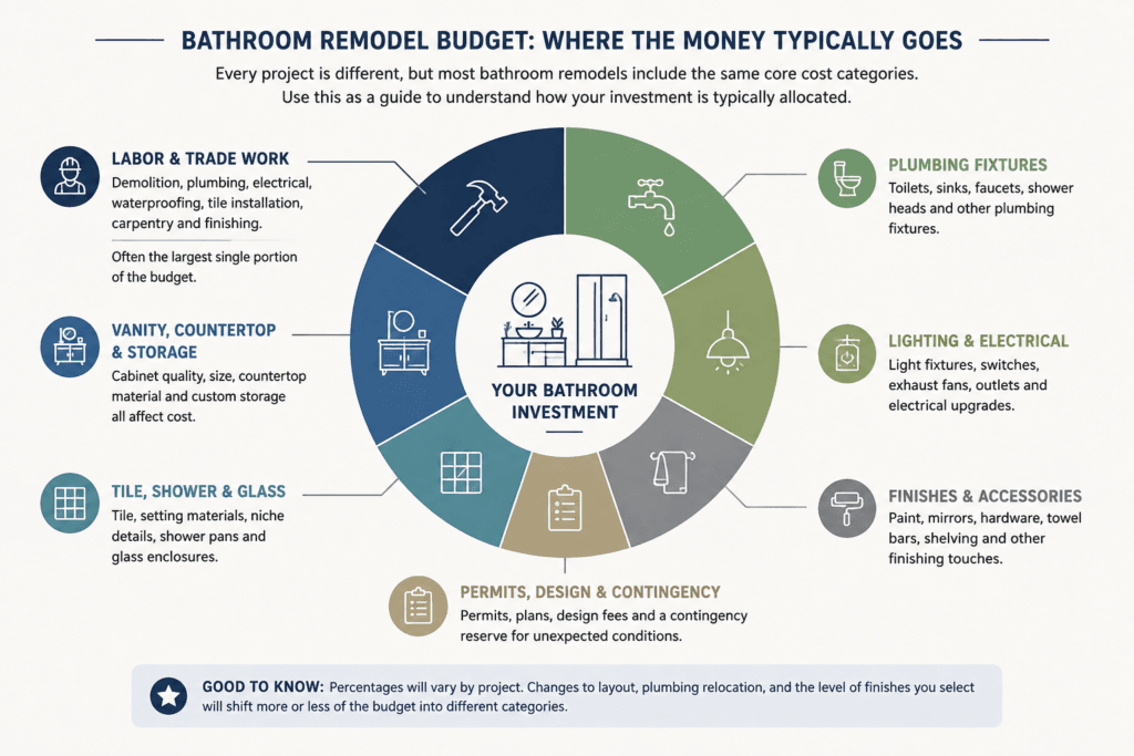 Bathroom remodel budget allocation infographic showing labor, vanity and storage, tile and shower, plumbing fixtures, lighting, finishes, permits and contingency