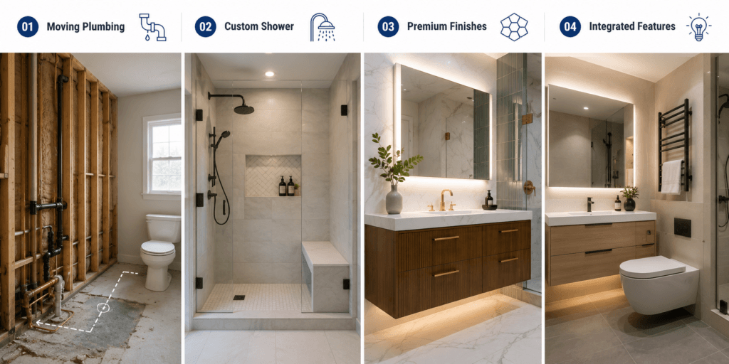 Bathroom remodel cost drivers including larger showers, premium materials, layout changes and integrated features