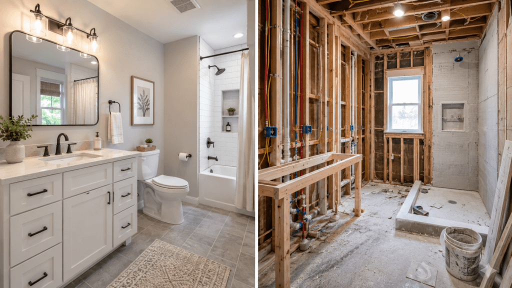 Bathroom remodel scope comparison showing a finished cosmetic refresh beside a full renovation with exposed framing, plumbing and electrical rough-in