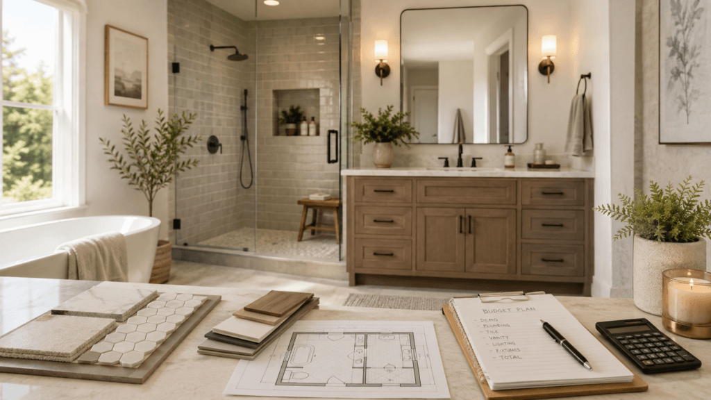 Bathroom remodeling cost planning with finished bathroom, material samples, floor plan, budget notes and calculator