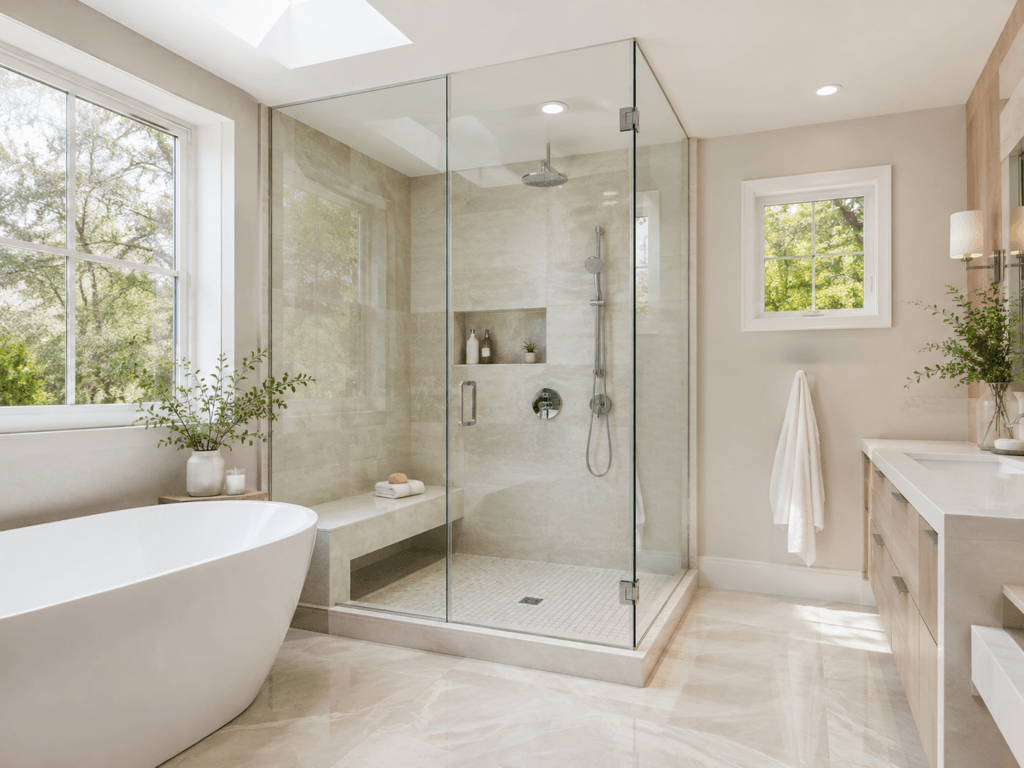 Modern bathroom with frameless shower enclosures, hinged glass door, tiled shower, freestanding tub and wood vanity