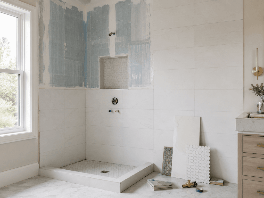 Bathroom shower renovation in progress with waterproofing, tile installation and plumbing rough-in