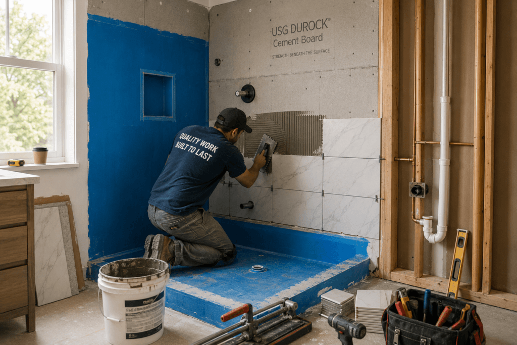 Contractor installing shower tile over waterproofing during a bathroom renovation