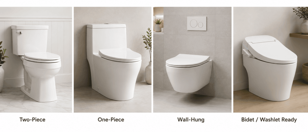 Bathroom toilet types comparison showing two-piece, one-piece, wall-hung and bidet or washlet-ready toilets