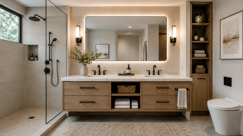 Bathroom vanities and fixtures with double vanity, sinks, faucets, lighted mirror, storage and modern bathroom finishes