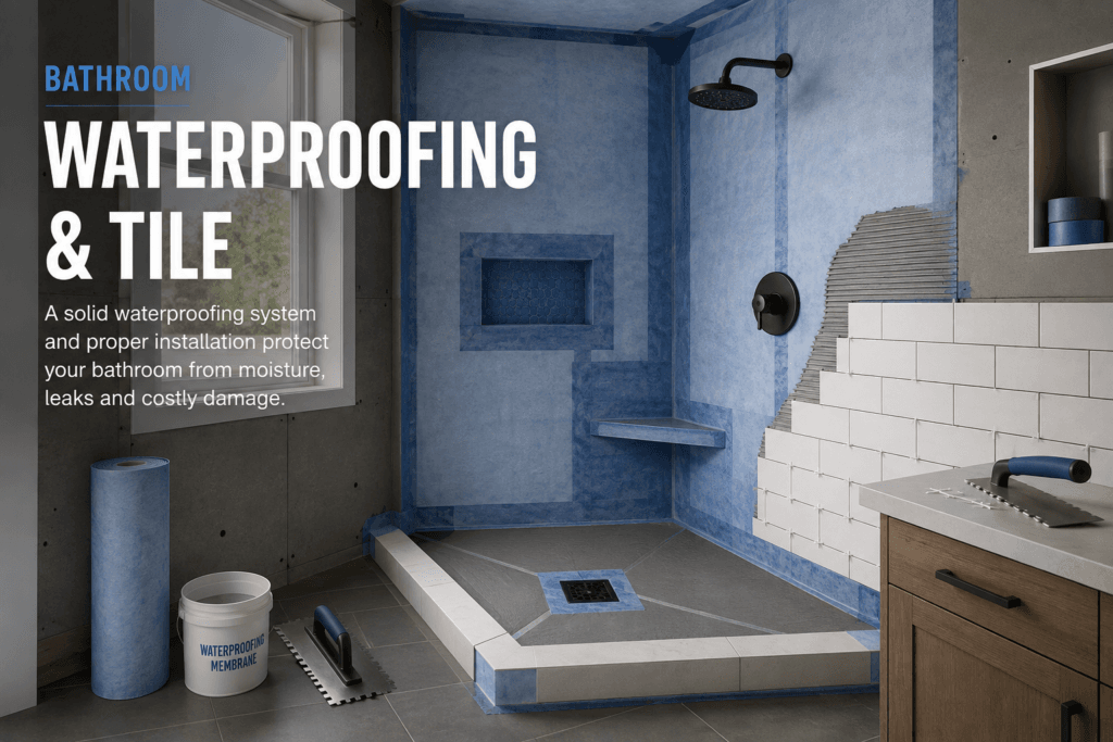 Bathroom waterproofing and tile installation showing shower membrane, drain preparation, wall tile and waterproofed shower surfaces