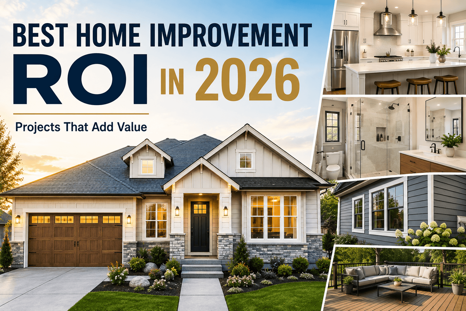 Best home improvement ROI in 2026 featuring an upgraded home, kitchen, bathroom and outdoor deck