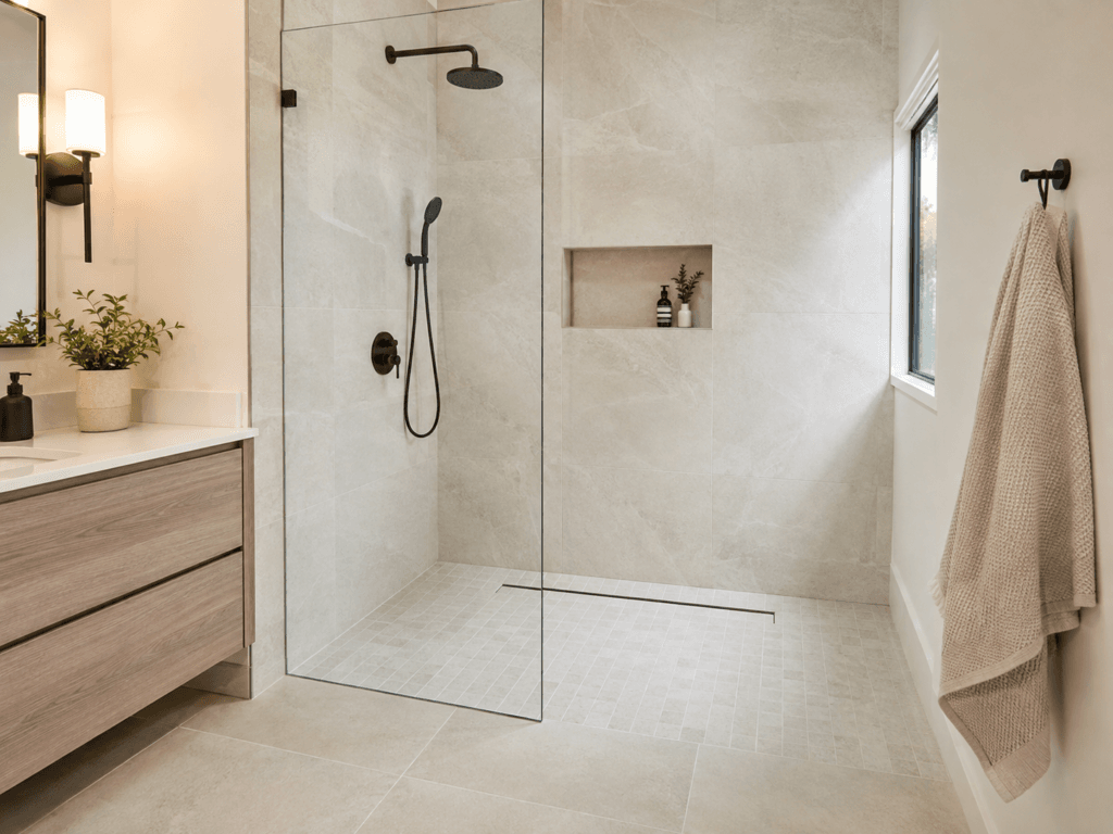 Curbless walk-in shower with frameless glass panel, linear drain and light stone tile in a modern bathroom