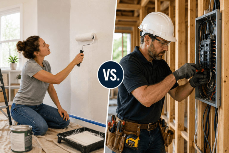 DIY homeowner painting a wall compared with a professional contractor performing electrical work