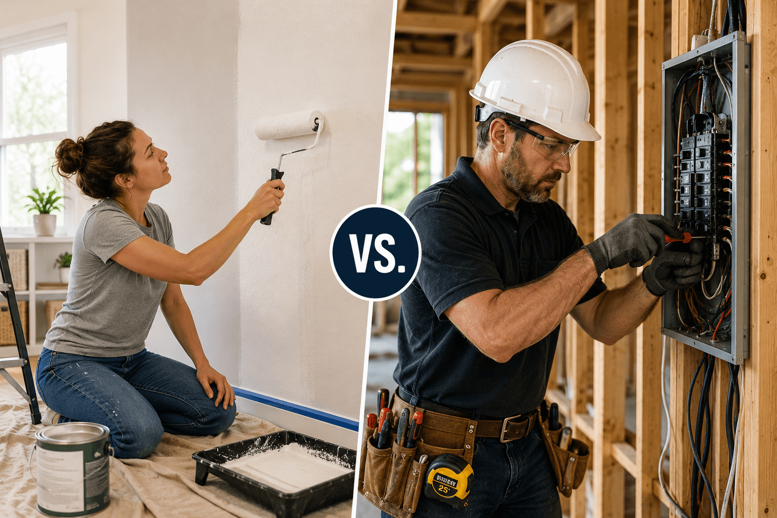 DIY homeowner painting a wall compared with a professional contractor performing electrical work