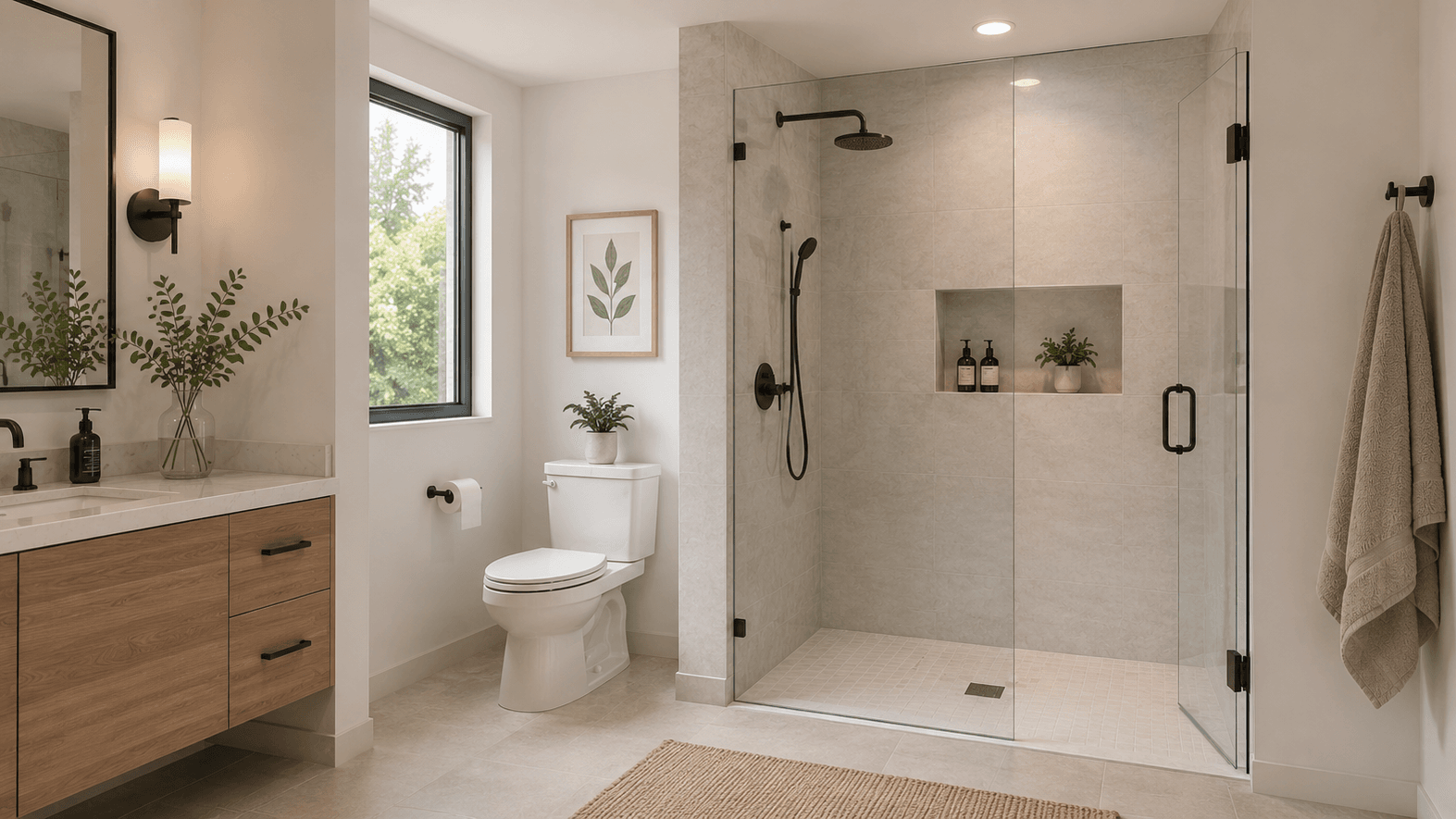Frameless shower enclosure with a closed hinged glass door, fixed glass panel and modern tiled walk-in shower