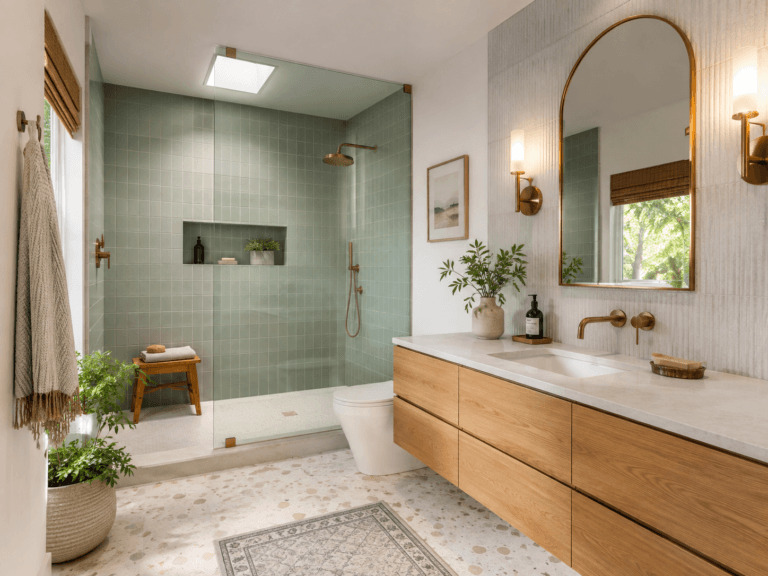 Finished bathroom remodel with sage green shower tile, frameless glass, wood vanity and brass fixtures