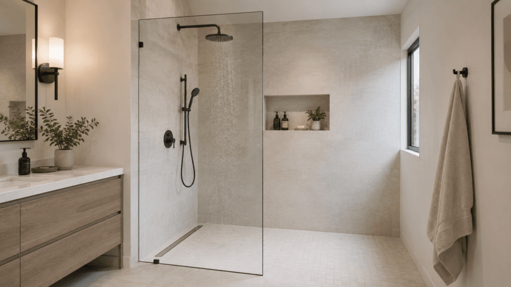 Walk-in shower with a fixed frameless glass panel positioned beside the shower head to help control water splash