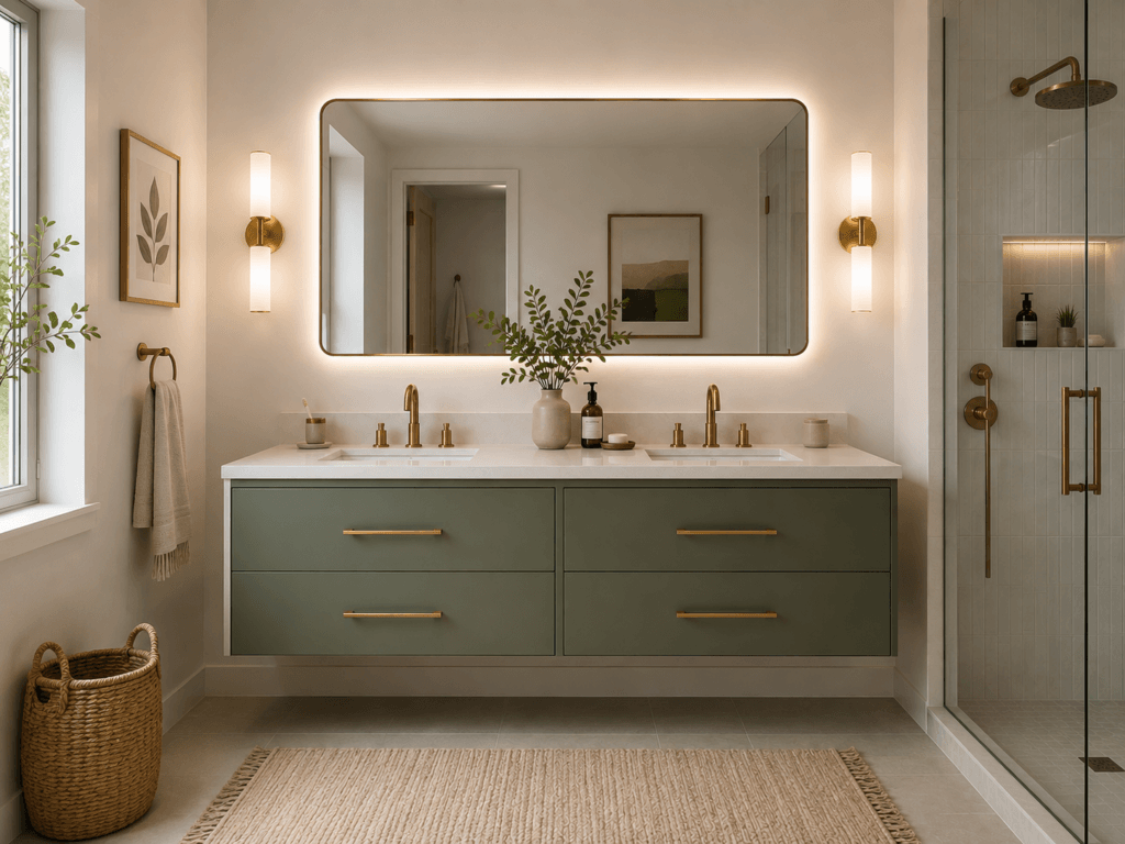 Floating double bathroom vanity with sage green cabinetry, two sinks, white countertop, brass fixtures and backlit mirror