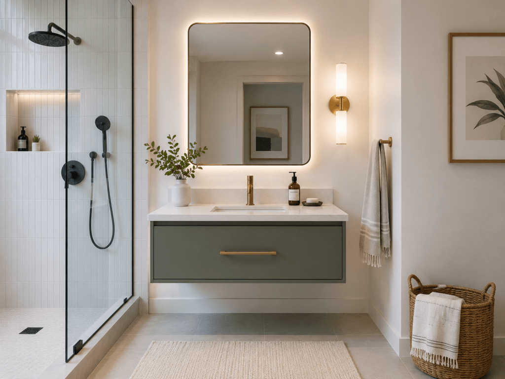 Floating single bathroom vanity with sage green cabinetry, white countertop, brass faucet and backlit mirror