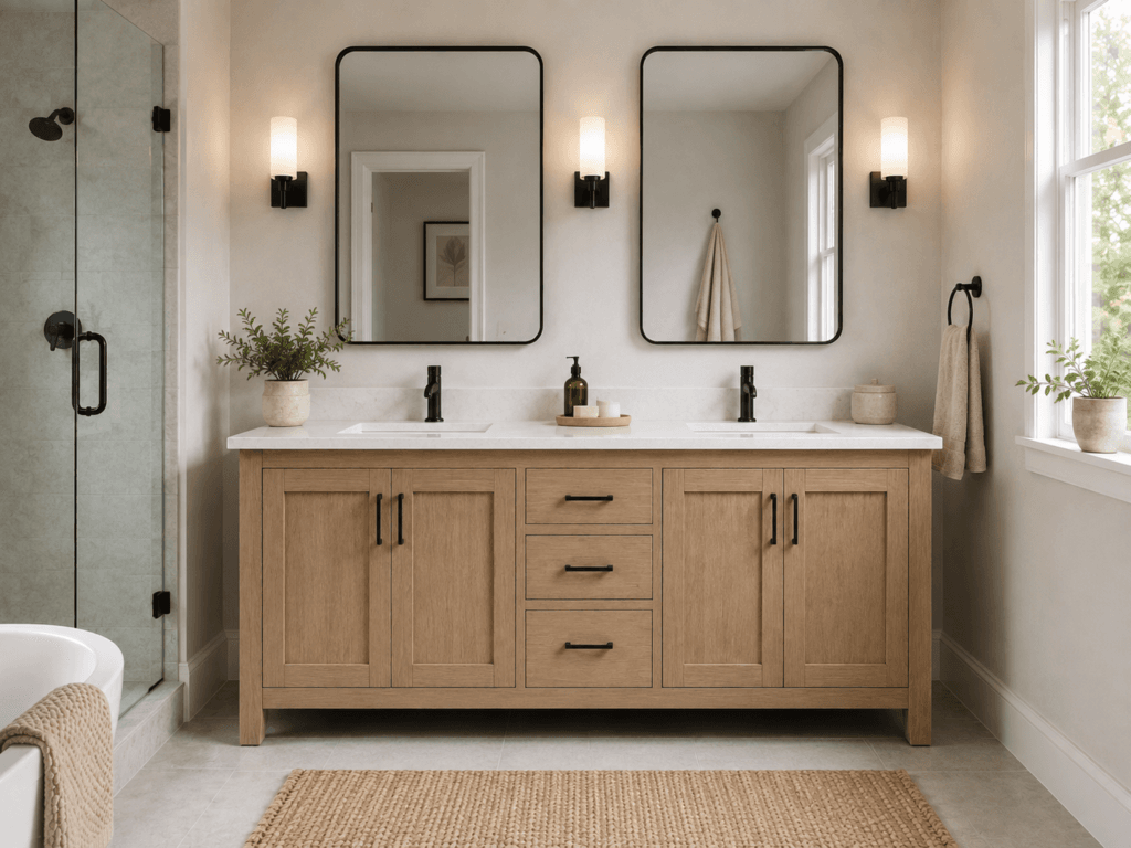 Freestanding double bathroom vanity with natural wood cabinetry, two sinks, white countertop and black fixtures