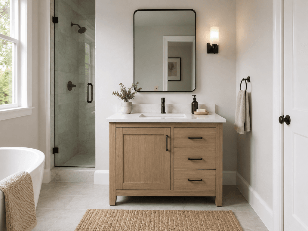 Freestanding single bathroom vanity with wood cabinetry, white countertop, integrated sink and black fixtures