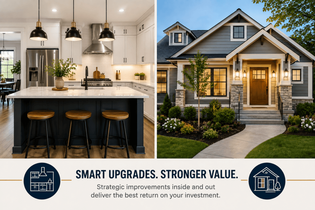 Kitchen remodel and exterior home upgrades illustrating high-ROI home improvement projects