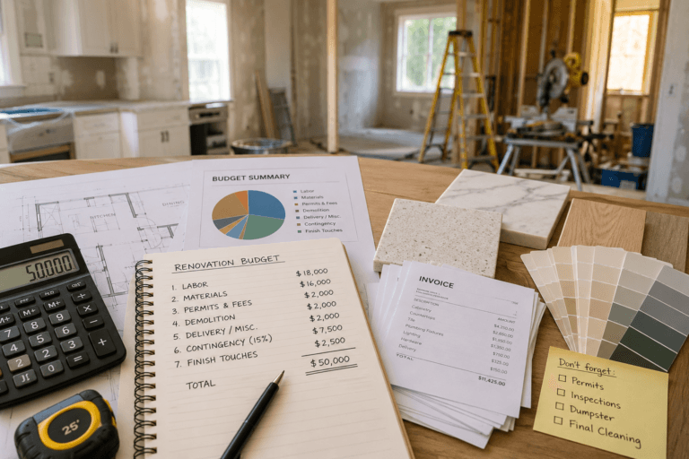 Home renovation budget planning with calculator, cost breakdown, invoices, material samples and construction work in progress