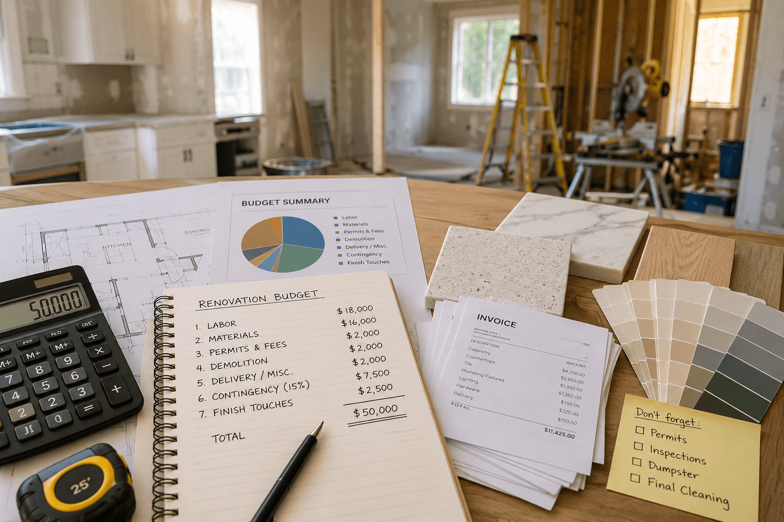 Home renovation budget planning with calculator, cost breakdown, invoices, material samples and construction work in progress