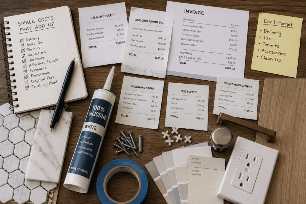 Home renovation receipts, permit fees, delivery charges, hardware, tile supplies and other small project costs
