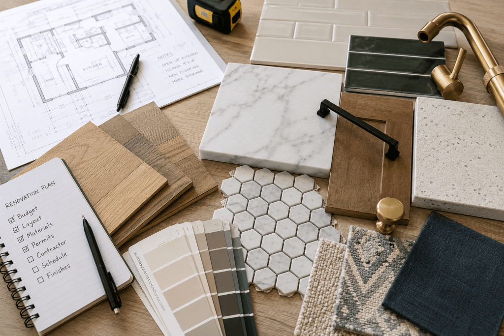 Home renovation material selections with tile, flooring, cabinet finishes, countertop samples, fixtures and architectural plans