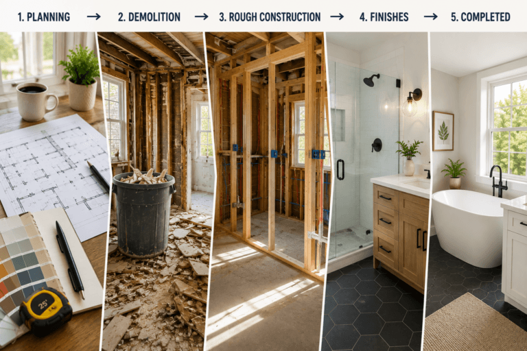 Home renovation timeline showing planning, demolition, rough construction, finishes and completed bathroom stages