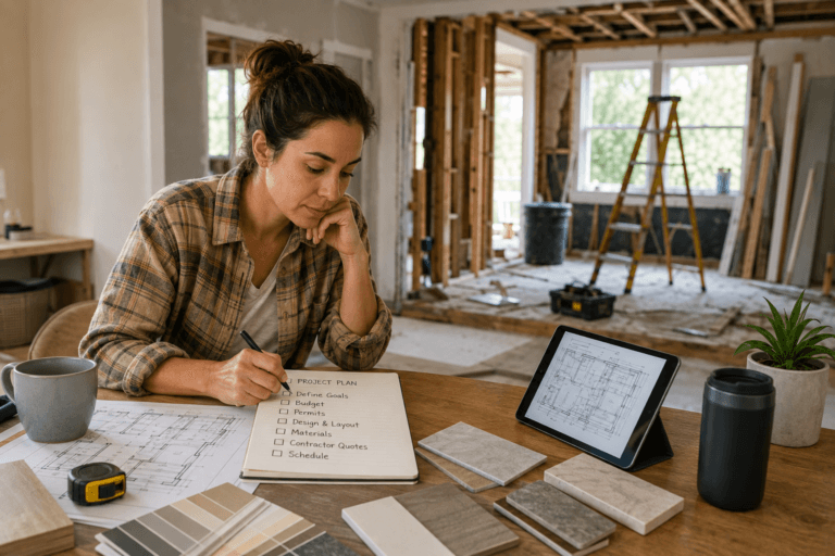 Homeowner planning a renovation with project checklist, architectural plans, material samples and construction work in progress