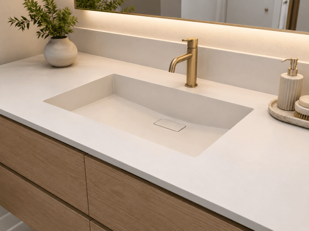 Integrated bathroom sink and countertop with seamless basin, brass faucet and wood vanity