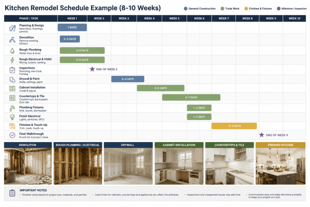 Kitchen remodel schedule showing planning, permits, demolition, rough work, inspections, cabinets, finishes and final walkthrough